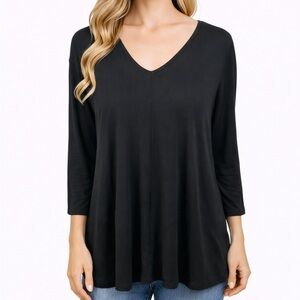 Comfy USA Black Tunic Top Hi Low Hem V-Neck Lagenlook Chic Flattering Size XL